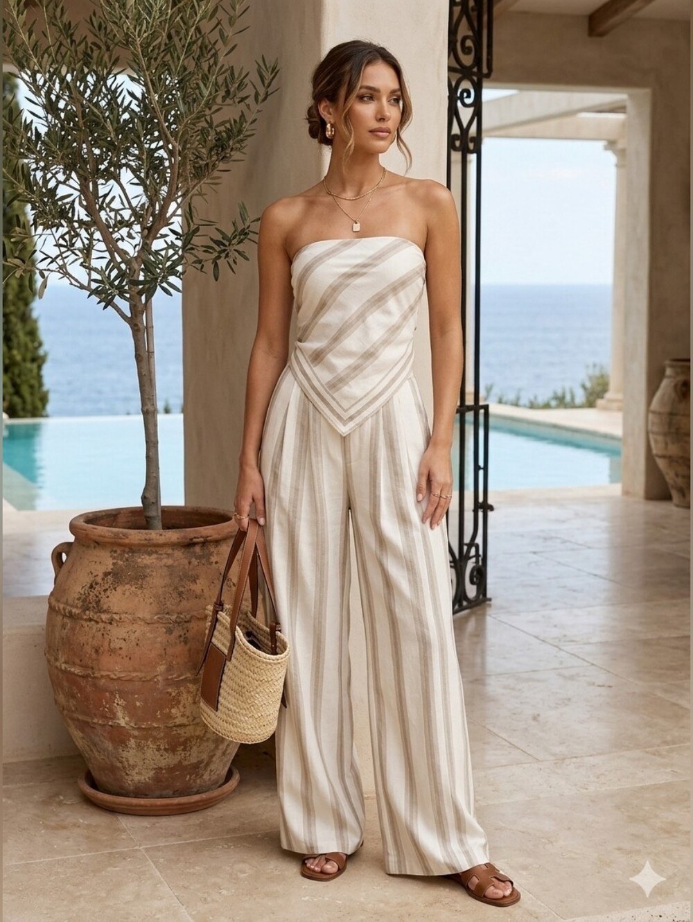 Striped Strapless Top And Wide Leg Pant Set